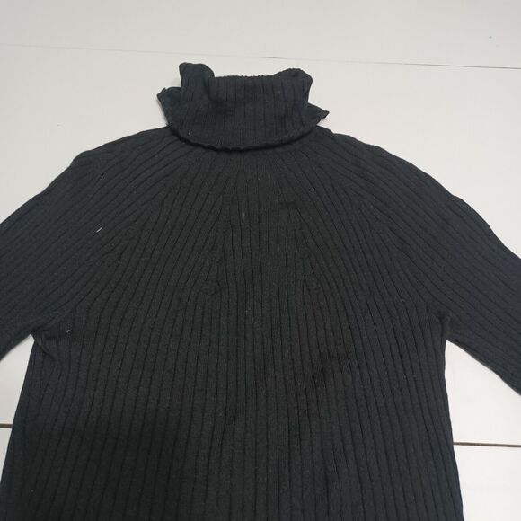 QUE Women Merino Pullover Sweater Black Long Bell Sleeve Turtleneck Cable Knit M - Picture 10 of 12